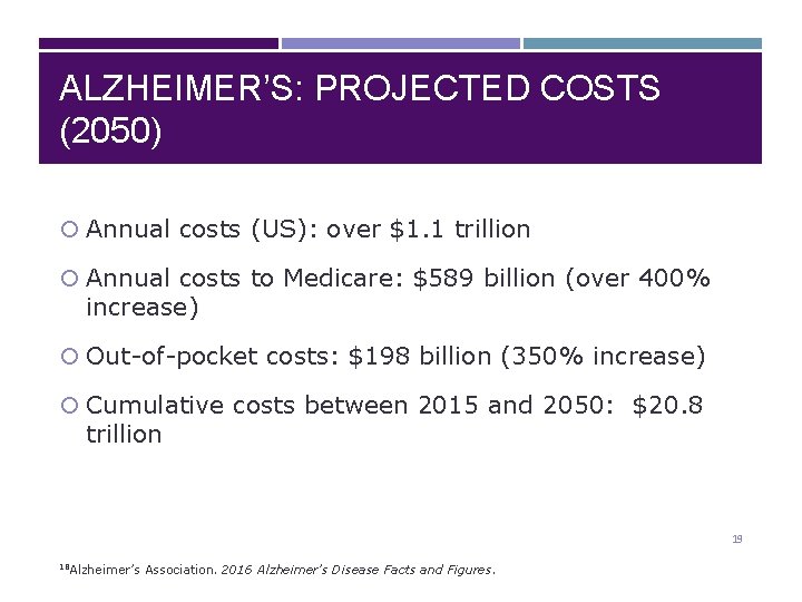 ALZHEIMER’S: PROJECTED COSTS (2050) Annual costs (US): over $1. 1 trillion Annual costs to