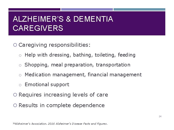 ALZHEIMER’S & DEMENTIA CAREGIVERS Caregiving responsibilities: o Help with dressing, bathing, toileting, feeding o