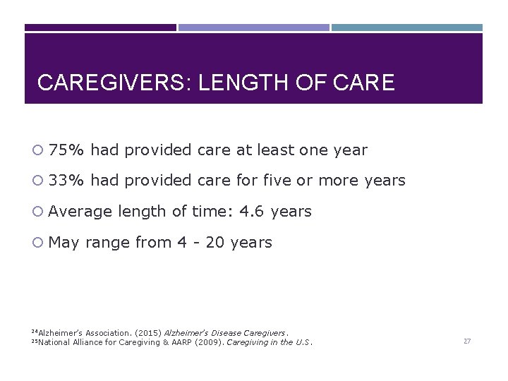 CAREGIVERS: LENGTH OF CARE 75% had provided care at least one year 33% had