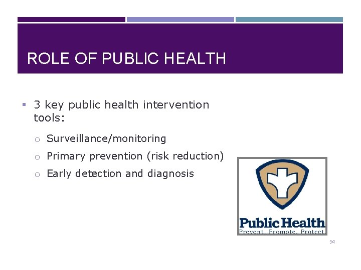 ROLE OF PUBLIC HEALTH § 3 key public health intervention tools: o Surveillance/monitoring o