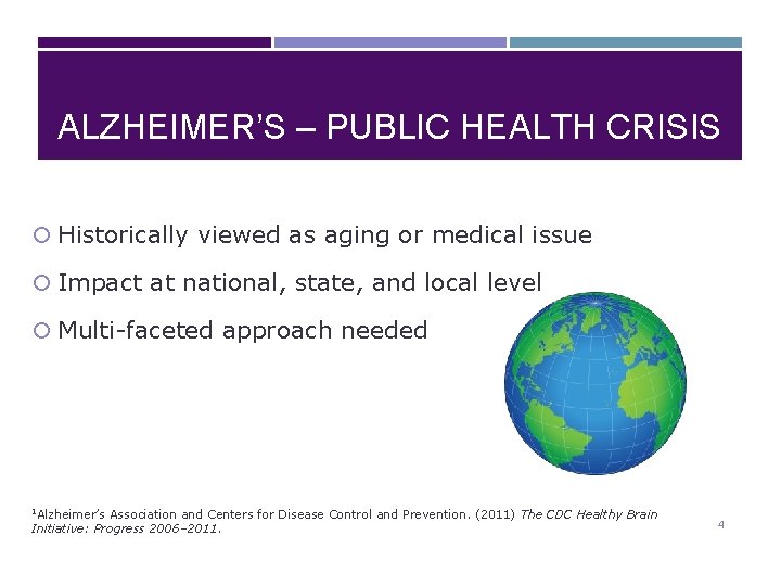 ALZHEIMER’S – PUBLIC HEALTH CRISIS Historically viewed as aging or medical issue Impact at