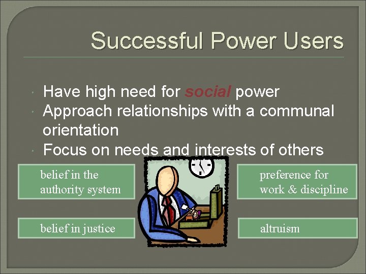 Successful Power Users Have high need for social power Approach relationships with a communal