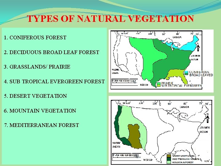 TYPES OF NATURAL VEGETATION 1. CONIFEROUS FOREST 2. DECIDUOUS BROAD LEAF FOREST 3. GRASSLANDS/