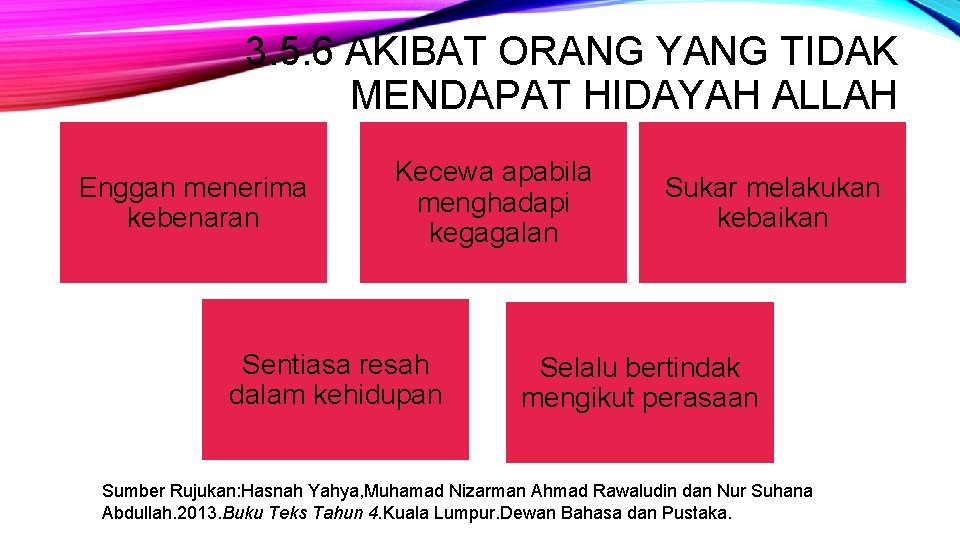 3. 5. 6 AKIBAT ORANG YANG TIDAK MENDAPAT HIDAYAH ALLAH Enggan menerima kebenaran Kecewa