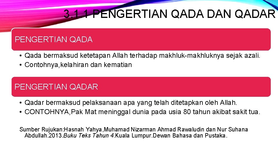 3. 1. 1 PENGERTIAN QADA DAN QADAR PENGERTIAN QADA • Qada bermaksud ketetapan Allah