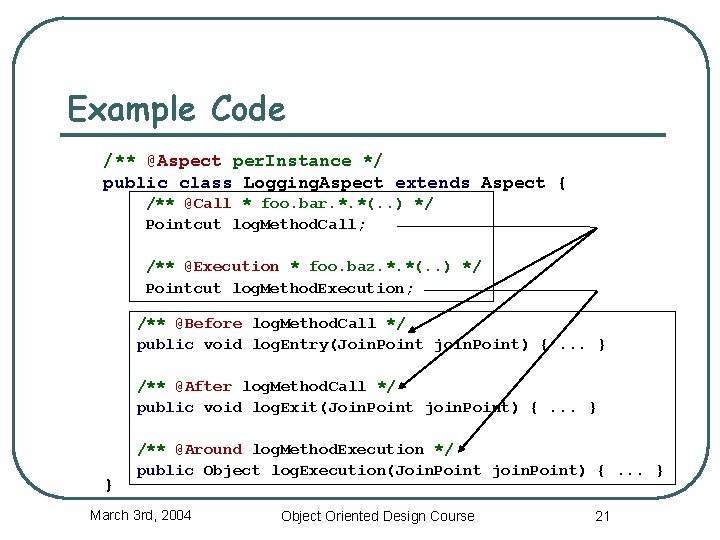 Example Code /** @Aspect per. Instance */ public class Logging. Aspect extends Aspect {