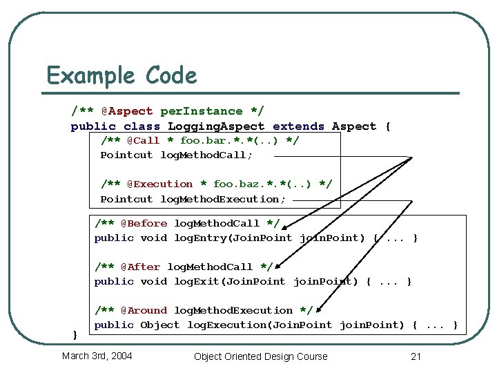 Example Code /** @Aspect per. Instance */ public class Logging. Aspect extends Aspect {