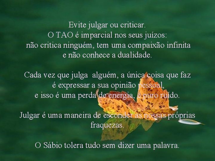 Evite julgar ou criticar. O TAO é imparcial nos seus juízos: não critica ninguém,