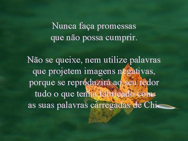 Nunca faça promessas que não possa cumprir. Não se queixe, nem utilize palavras que