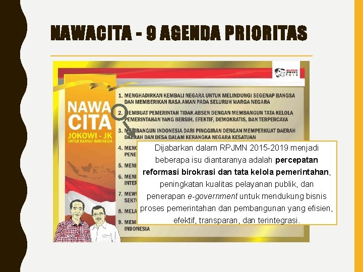 NAWACITA - 9 AGENDA PRIORITAS Dijabarkan dalam RPJMN 2015 -2019 menjadi beberapa isu diantaranya