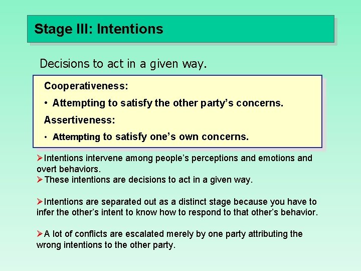Stage III: Intentions Decisions to act in a given way. Cooperativeness: • Attempting to