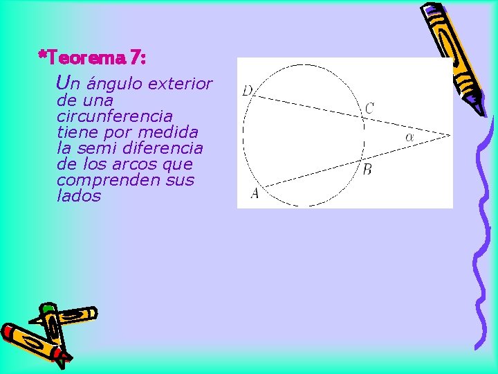 *Teorema 7: Un ángulo exterior de una circunferencia tiene por medida la semi diferencia