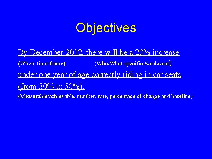 Objectives By December 2012, there will be a 20% increase (When: time-frame) (Who/What-specific &