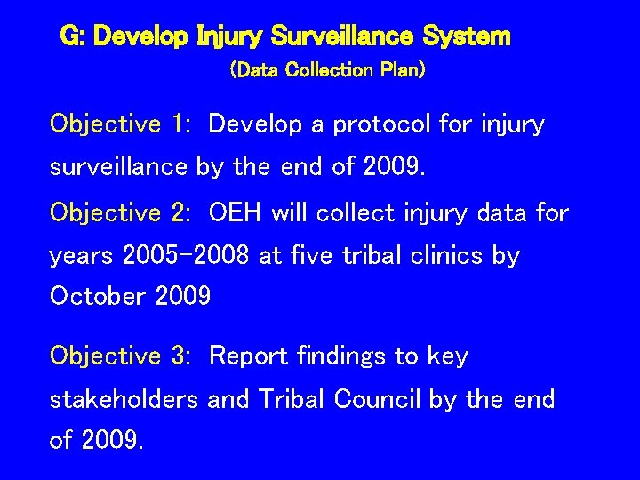G: Develop Injury Surveillance System (Data Collection Plan) Objective 1: Develop a protocol for