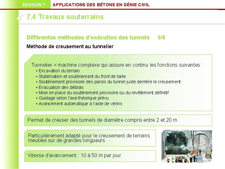 SESSION 7 APPLICATIONS DES BÉTONS EN GÉNIE CIVIL 7. 4 Travaux souterrains Différentes méthodes