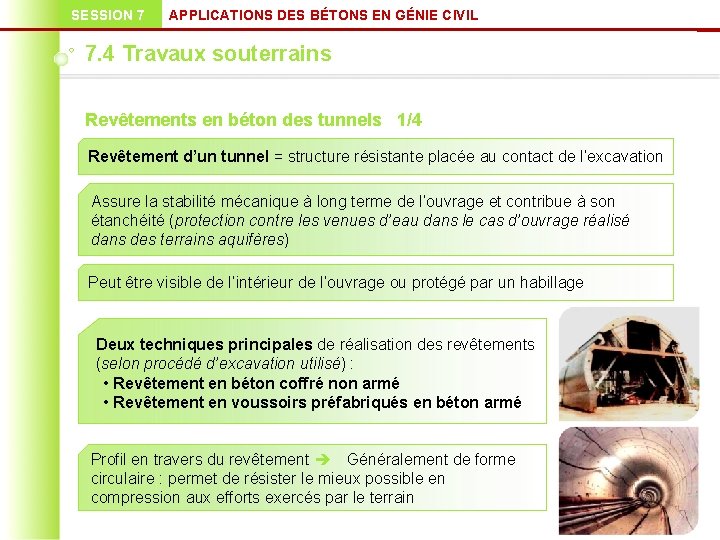 SESSION 7 APPLICATIONS DES BÉTONS EN GÉNIE CIVIL 7. 4 Travaux souterrains Revêtements en