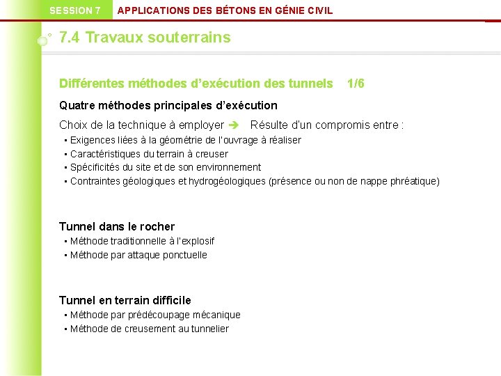 SESSION 7 APPLICATIONS DES BÉTONS EN GÉNIE CIVIL 7. 4 Travaux souterrains Différentes méthodes