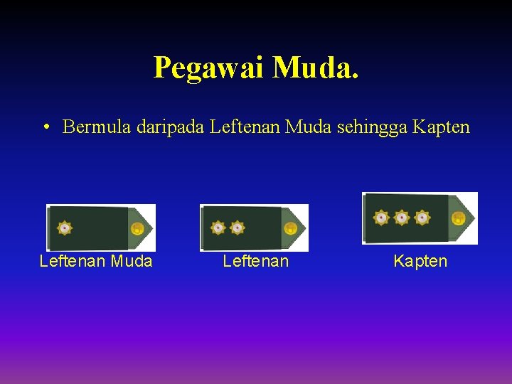 Pegawai Muda. • Bermula daripada Leftenan Muda sehingga Kapten Leftenan Muda Leftenan Kapten 