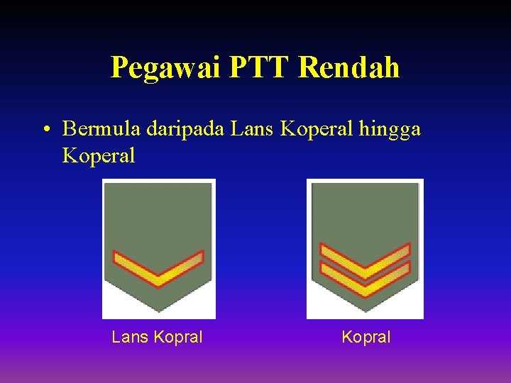 Pegawai PTT Rendah • Bermula daripada Lans Koperal hingga Koperal Lans Kopral 