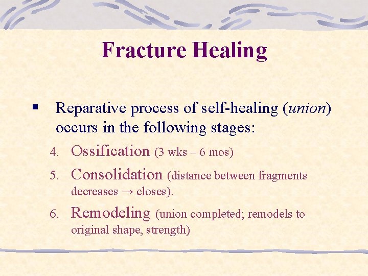 Fracture Healing § Reparative process of self-healing (union) occurs in the following stages: 4.