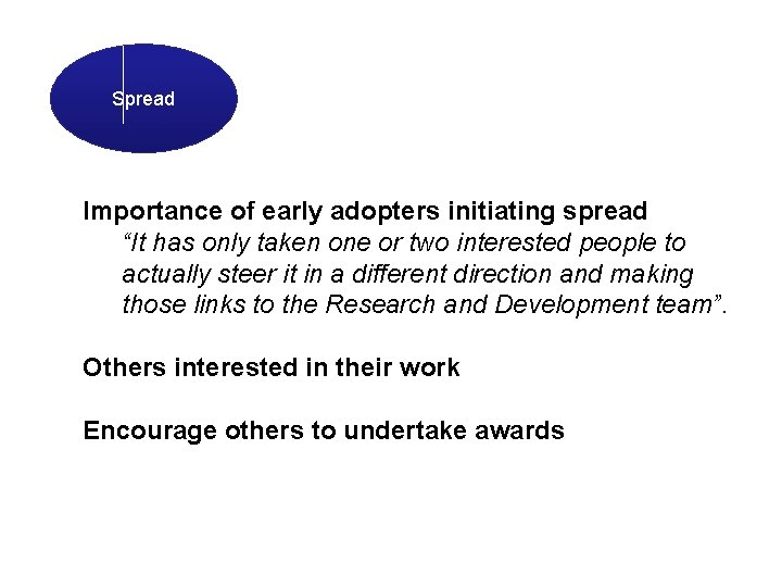 Spread Importance of early adopters initiating spread “It has only taken one or two