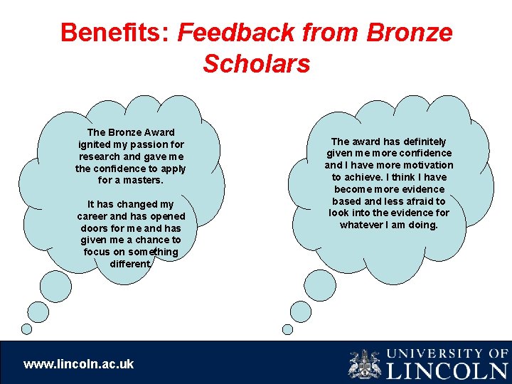 Benefits: Feedback from Bronze Scholars The Bronze Award ignited my passion for research and