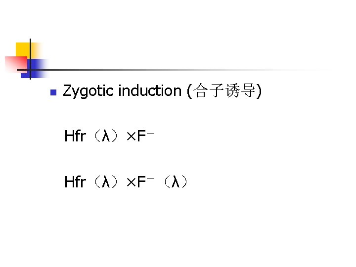 n Zygotic induction (合子诱导) Hfr(λ)×F-(λ) n Zygotic induction (合子诱导) Hfr(λ)×F-(λ)