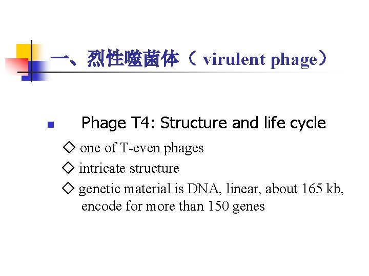 一、烈性噬菌体( virulent phage) n Phage T 4: Structure and life cycle ◇ one of 一、烈性噬菌体( virulent phage) n Phage T 4: Structure and life cycle ◇ one of