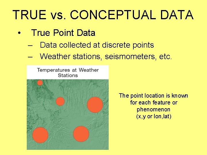 TRUE vs. CONCEPTUAL DATA • True Point Data – Data collected at discrete points