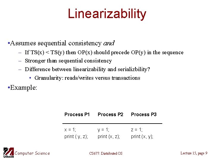 Linearizability • Assumes sequential consistency and – If TS(x) < TS(y) then OP(x) should