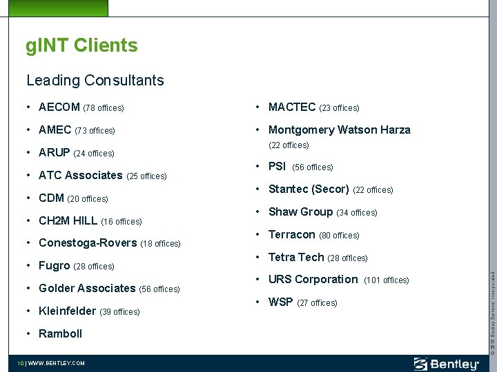 g. INT Clients Leading Consultants • AECOM (78 offices) • MACTEC (23 offices) •