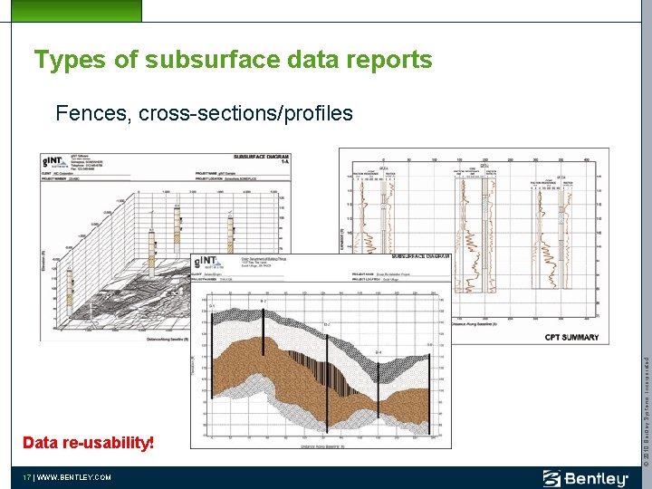 Types of subsurface data reports Data re-usability! 17 | WWW. BENTLEY. COM © 2010