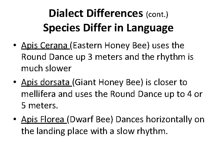 Dialect Differences (cont. ) Species Differ in Language • Apis Cerana (Eastern Honey Bee)