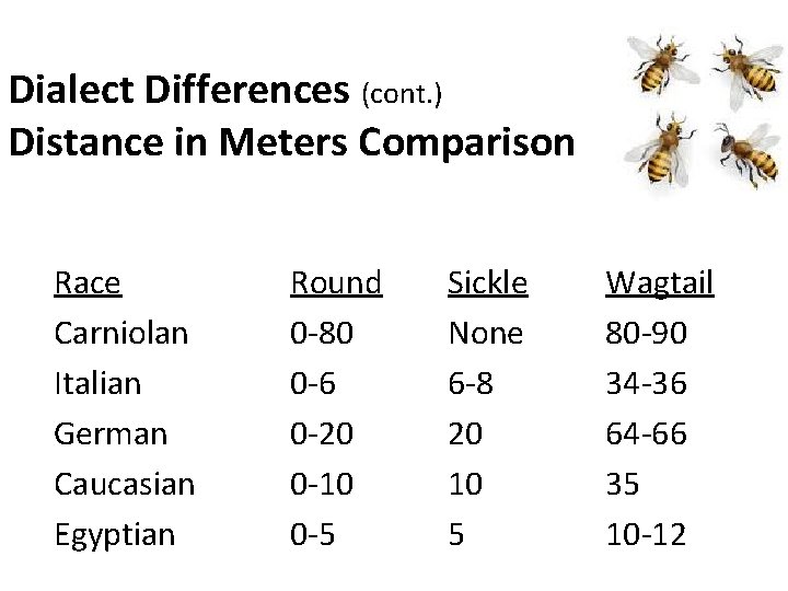 Dialect Differences (cont. ) Distance in Meters Comparison Race Carniolan Italian German Caucasian Egyptian