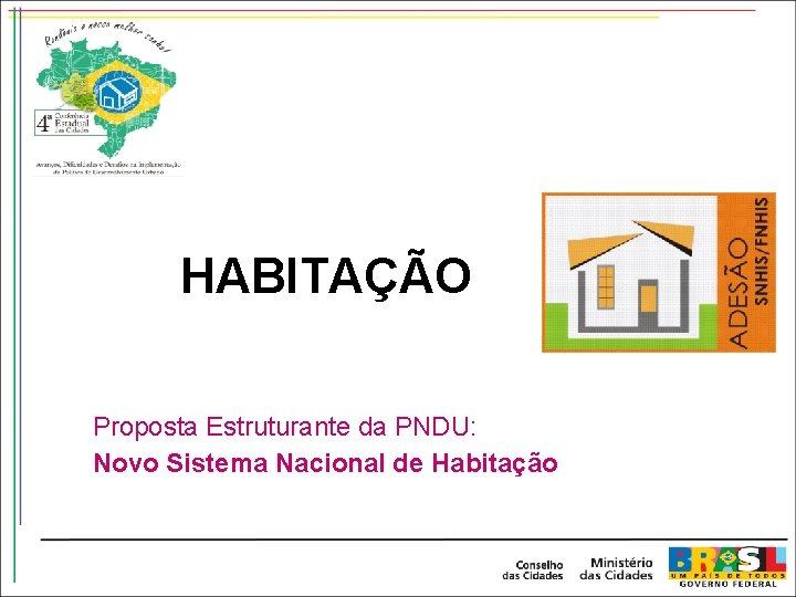 HABITAÇÃO Proposta Estruturante da PNDU: Novo Sistema Nacional de Habitação 