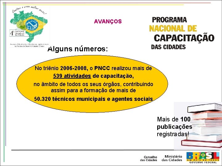 AVANÇOS Alguns números: No triênio 2006 -2008, o PNCC realizou mais de 539 atividades