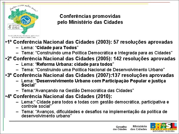 Conferências promovidas pelo Ministério das Cidades • 1ª Conferência Nacional das Cidades (2003): 57