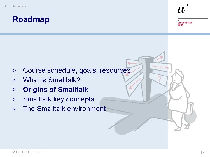 ST — Introduction Roadmap > > > Course schedule, goals, resources What is Smalltalk?