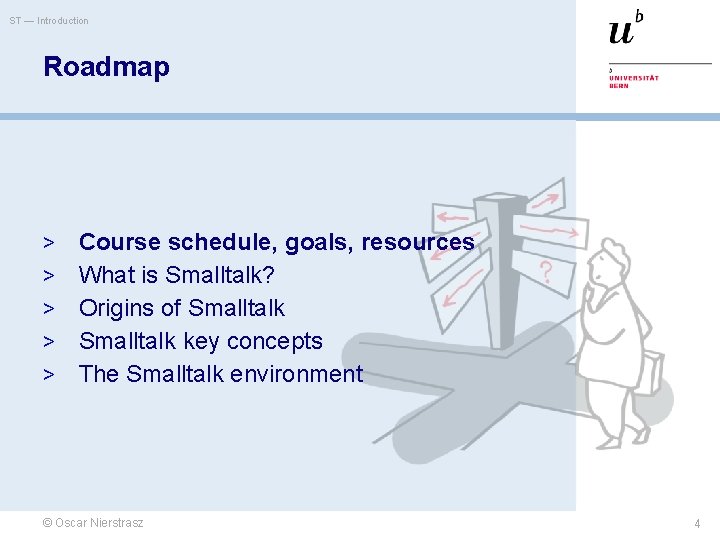 ST — Introduction Roadmap > > > Course schedule, goals, resources What is Smalltalk?