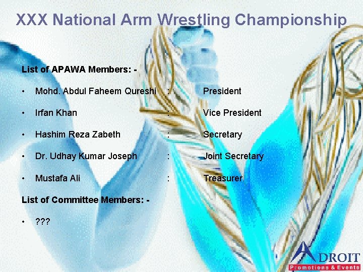 XXX National Arm Wrestling Championship List of APAWA Members: - • Mohd. Abdul Faheem