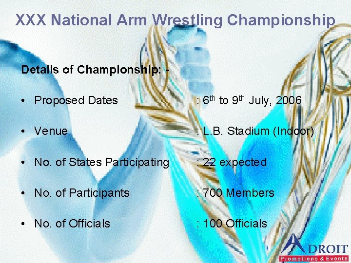 XXX National Arm Wrestling Championship Details of Championship: - • Proposed Dates : 6