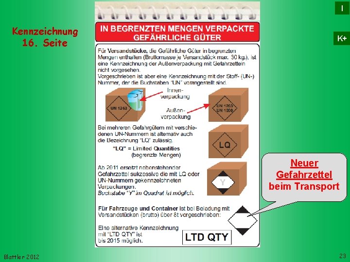 I Kennzeichnung 16. Seite K+ Neuer Gefahrzettel beim Transport Blattler 2012 23 