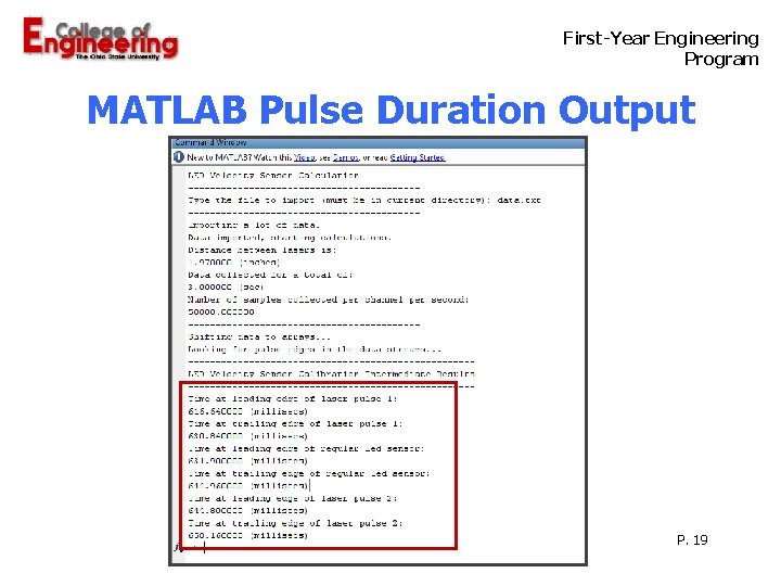  First-Year Engineering Program MATLAB Pulse Duration Output P. 19 