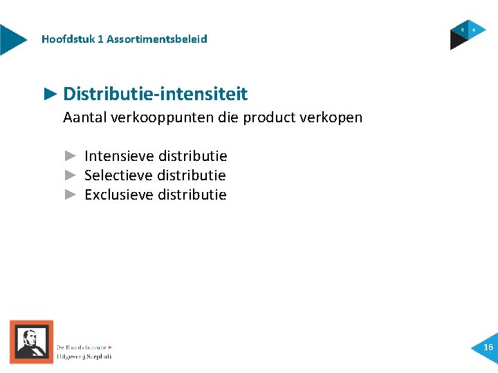 Hoofdstuk 1 Assortimentsbeleid ► Distributie-intensiteit Aantal verkooppunten die product verkopen ► Intensieve distributie ►