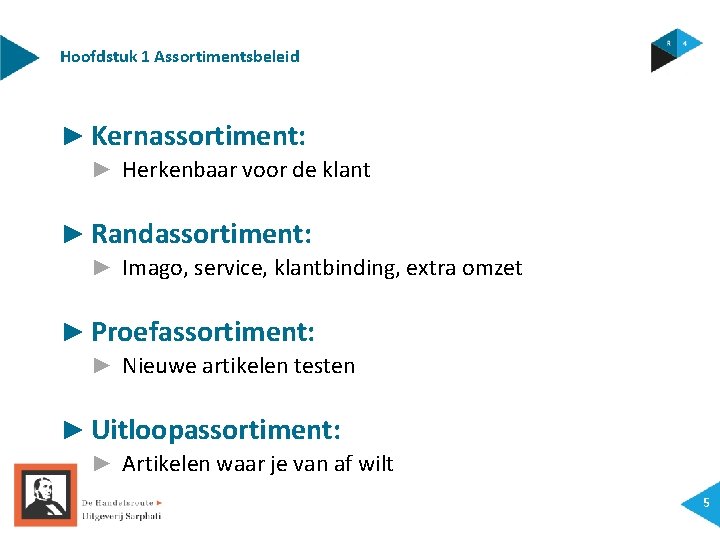 Hoofdstuk 1 Assortimentsbeleid ► Kernassortiment: ► Herkenbaar voor de klant ► Randassortiment: ► Imago,