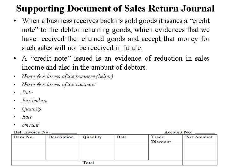 Supporting Document of Sales Return Journal • When a business receives back its sold