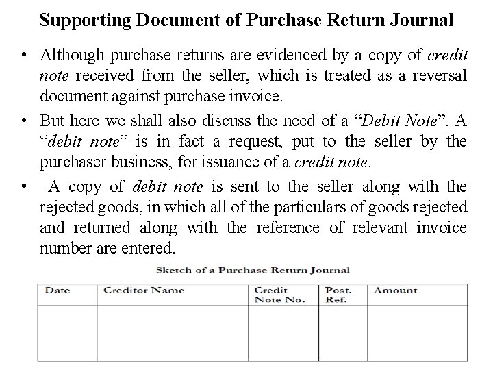 Supporting Document of Purchase Return Journal • Although purchase returns are evidenced by a