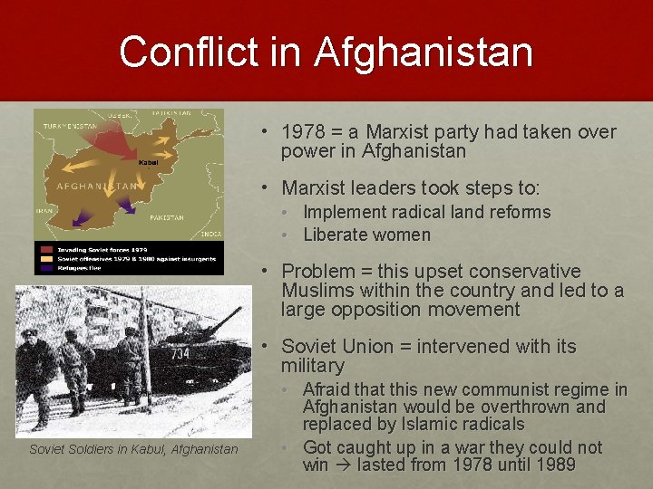 Conflict in Afghanistan • 1978 = a Marxist party had taken over power in
