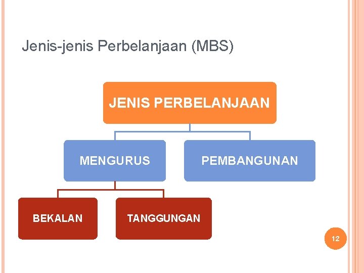 Jenis-jenis Perbelanjaan (MBS) JENIS PERBELANJAAN MENGURUS BEKALAN PEMBANGUNAN TANGGUNGAN 12 