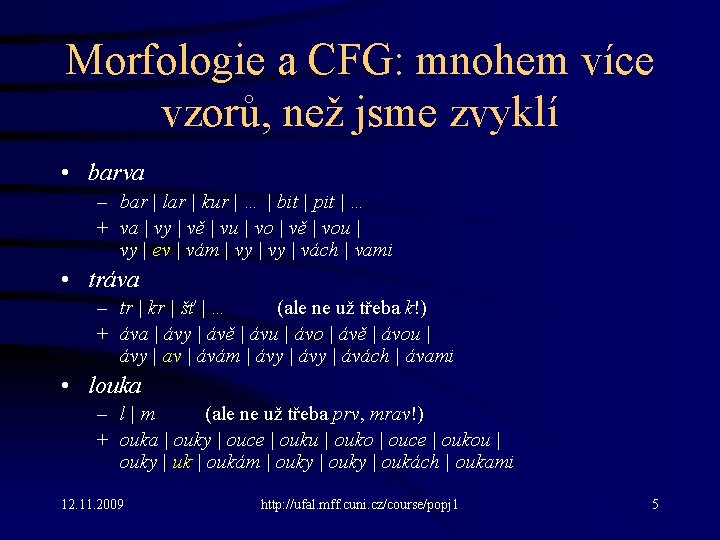 Morfologie a CFG: mnohem více vzorů, než jsme zvyklí • barva – bar |